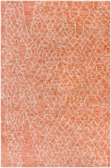 Close-up of the Cushman Jute Rug. Hand-knotted, contemporary style rug in red and gray with a geometric pattern. Design-Rectangle-58