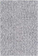 Close-up of textured Cushendall Premium Rug. Hand-loomed weave in dark blue, off white, pale blue, and teal polyester. Design-Rectangle-576