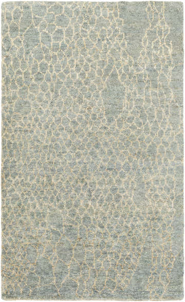 Close-up of the Cuthbert Jute Rug. Hand-knotted rug with a light beige geometric pattern on a medium green background. Design-Rectangle-58