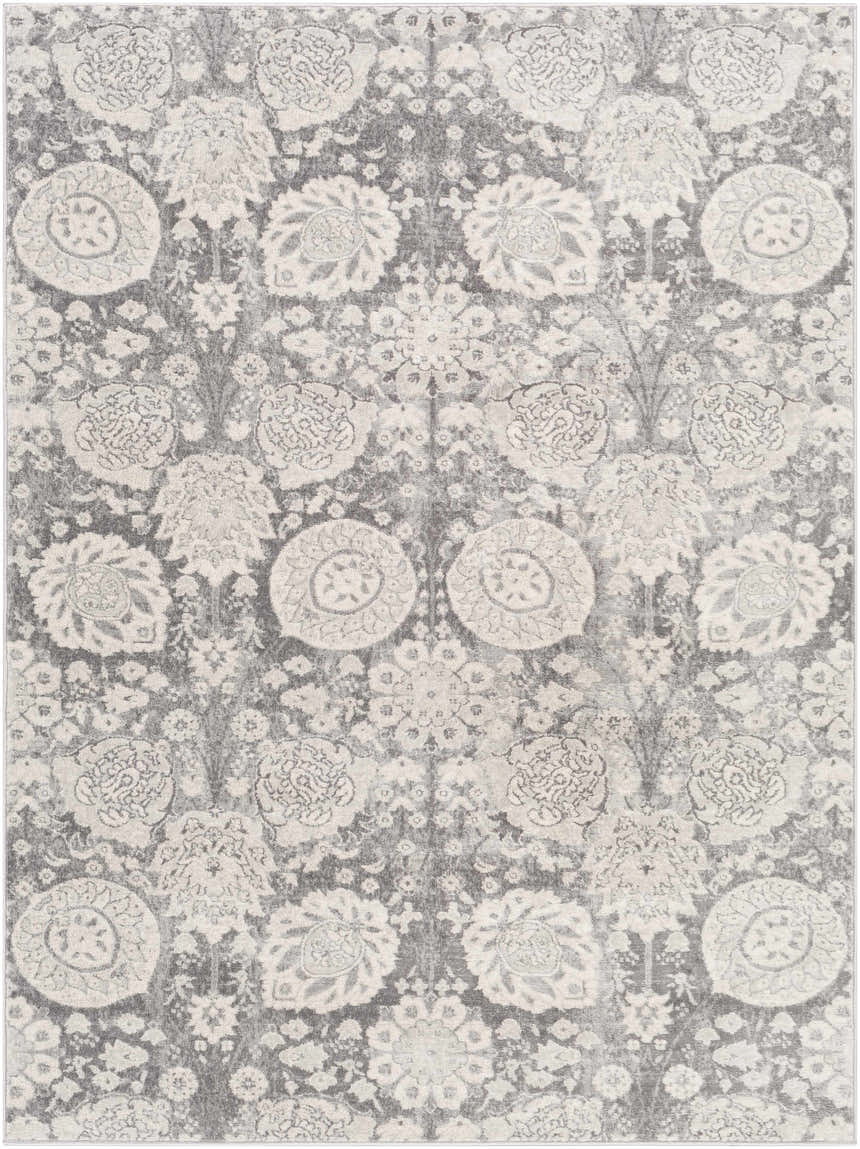 Close-up of the Cwm Area Rug, a clearance item with a contemporary floral medallion design in charcoal, gray, and off-white. Design-Rectangle-537