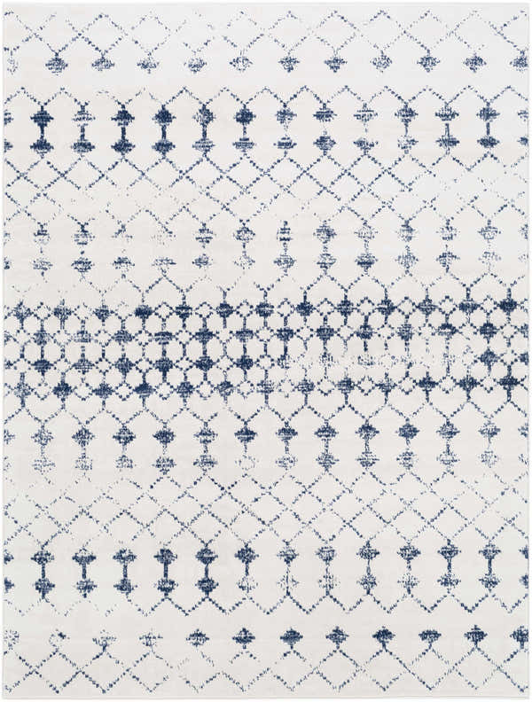 Close-up of the Cowaramup Area Rug. Contemporary style rug with a white base and a blue geometric pattern. Design-Rectangle-537