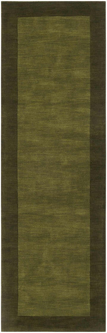 Close-up of a hand-loomed Bordered Solid Olive Green Wool Rug, showing the color and texture. Contemporary style. Design-Runner-268