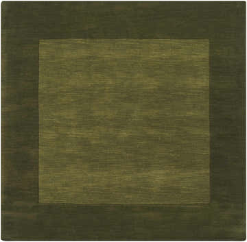 Close-up of a Bordered Solid Olive Green Wool Rug with a subtle texture and contemporary design. Design-Square-8