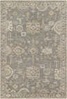 Detailed view of the Dallas Area Rug in charcoal, sage, and beige with a traditional oriental pattern. Design-Rectangle-69