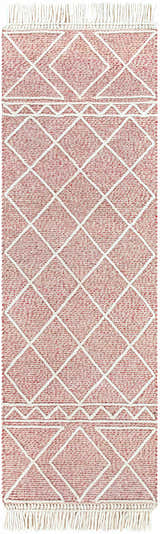 Close-up of Dacudao Area Rug. Burgundy and cream wool rug with geometric diamond pattern and fringe. Bohemian style. Design-Runner-268