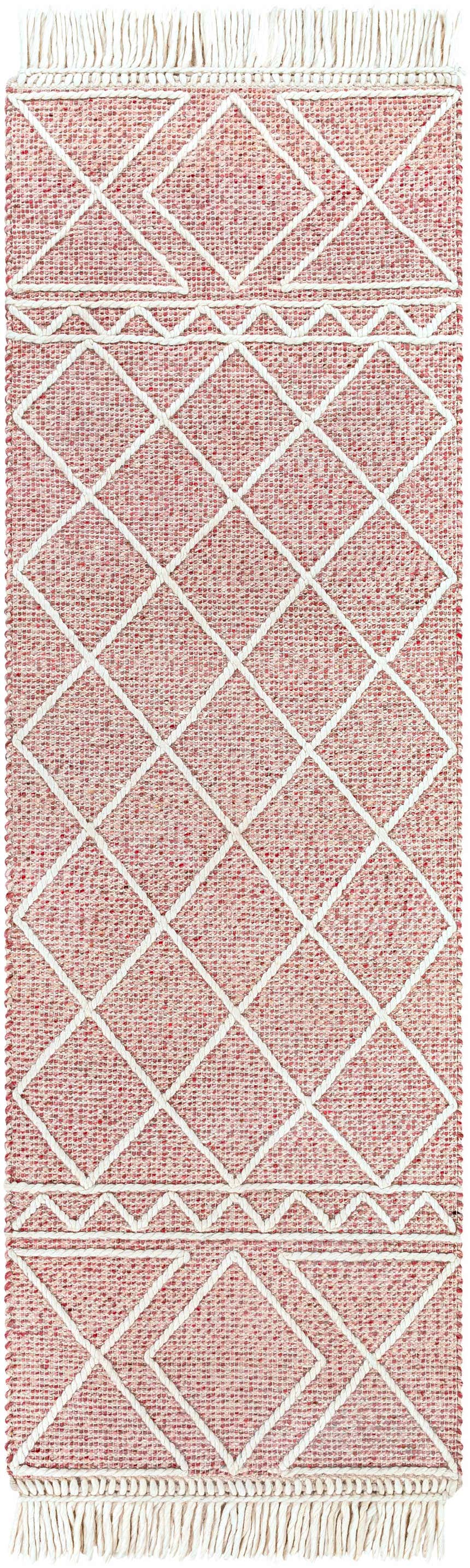 Close-up of Dacudao Area Rug. Burgundy and cream wool rug with geometric diamond pattern and fringe. Bohemian style. Design-Runner-268
