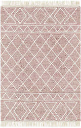 Close-up of Dacudao Area Rug. Burgundy, cream, and dusty pink wool rug with geometric diamond and triangle pattern. Fringe detail. Design-Rectangle-576