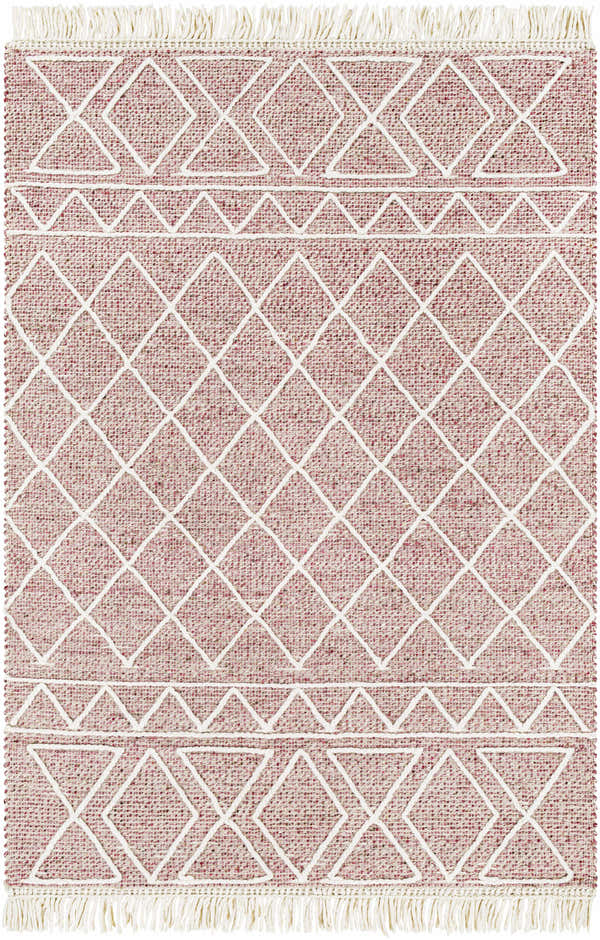 Close-up of Dacudao Area Rug. Burgundy, cream, and dusty pink wool rug with geometric diamond and triangle pattern. Fringe detail. Design-Rectangle-576