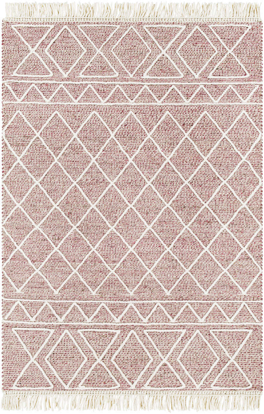 Close-up of Dacudao Area Rug. Burgundy, cream, and dusty pink wool rug with geometric diamond and triangle pattern. Fringe detail. Design-Rectangle-576