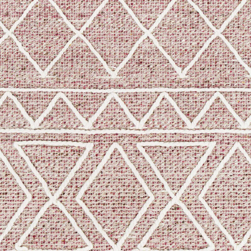 Close-up of Dacudao Area Rug: burgundy and cream wool with geometric diamond and triangle pattern. Swatch