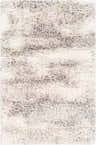 Close-up of the Dagami Area Rug. Shag rug with a horizontal striped pattern in gray, light gray, and white. Soft texture. Design-Rectangle-23