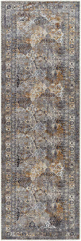Close-up of the Dagatan Washable Area Rug. Beige, black, and camel colors with a traditional oriental pattern. Design-Runner-27710