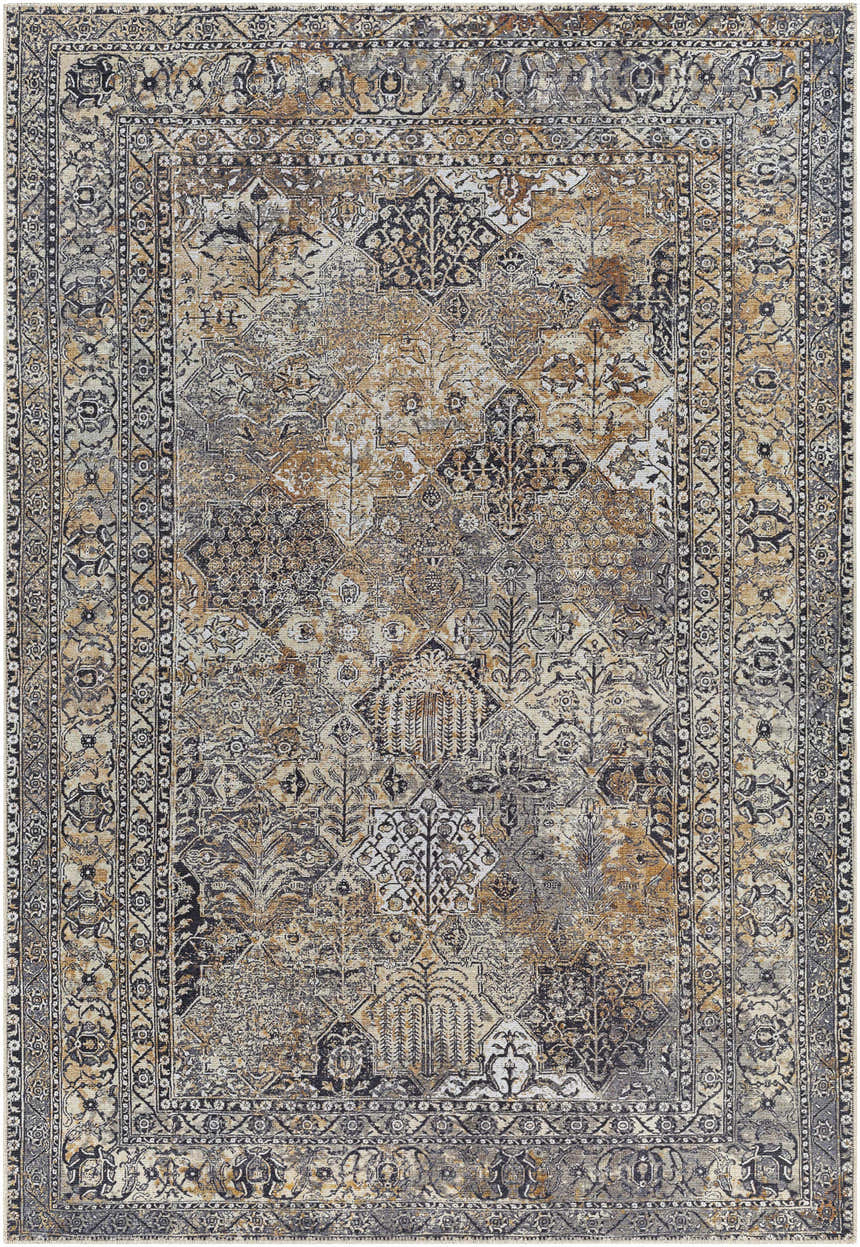 Detailed pattern of the Dagatan Washable Area Rug in beige, black, and camel. Traditional oriental rug design. Design-Rectangle-5373