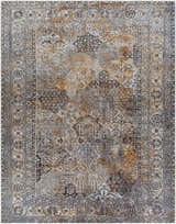 Close-up of the Dagatan Washable Area Rug. Beige, black, and camel colors in a traditional, oriental pattern with a distressed look. Design-Rectangle-710102