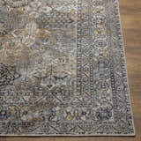 Close-up of the Dagatan Washable Area Rug, showcasing its beige, black, and camel traditional Oriental pattern. Front