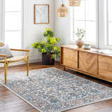 Bright living room with a traditional Dagny Area Rug in cloud gray, light gray, and multi brown. Roomscene-Rectangle