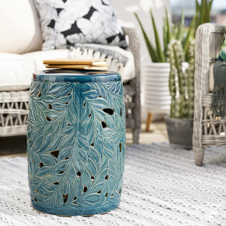 Daguioman Teal Leaf Ceramic Stool