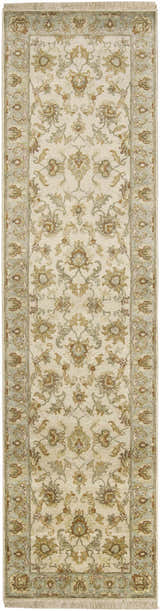 Close-up of the hand-knotted Dahlonega Area Carpet. Beige wool rug with traditional floral pattern in brown, sage, and light gray. Design-Runner-2610