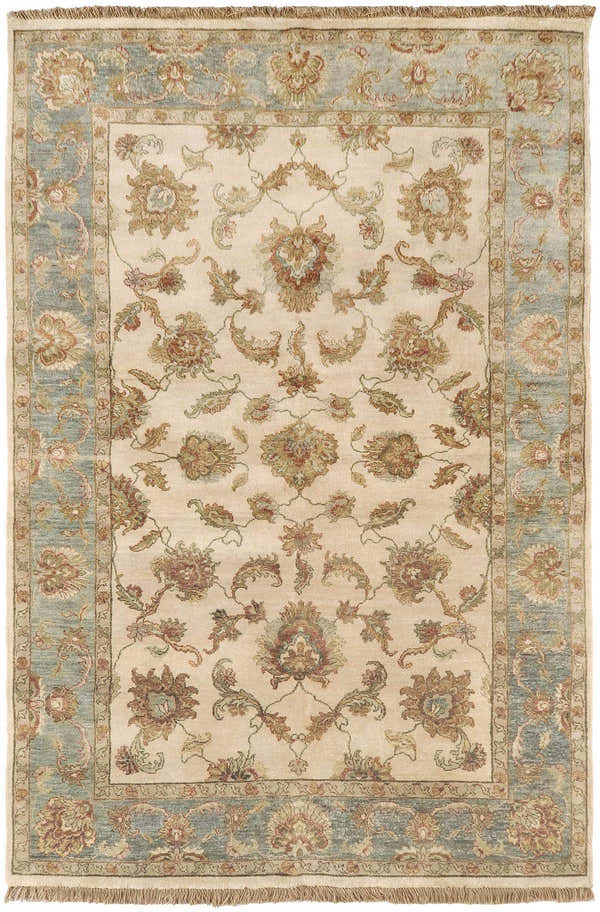 Hand-knotted Dahlonega Area Carpet in beige, light sage, and brown floral design. Traditional style rug. Design-Rectangle-5686