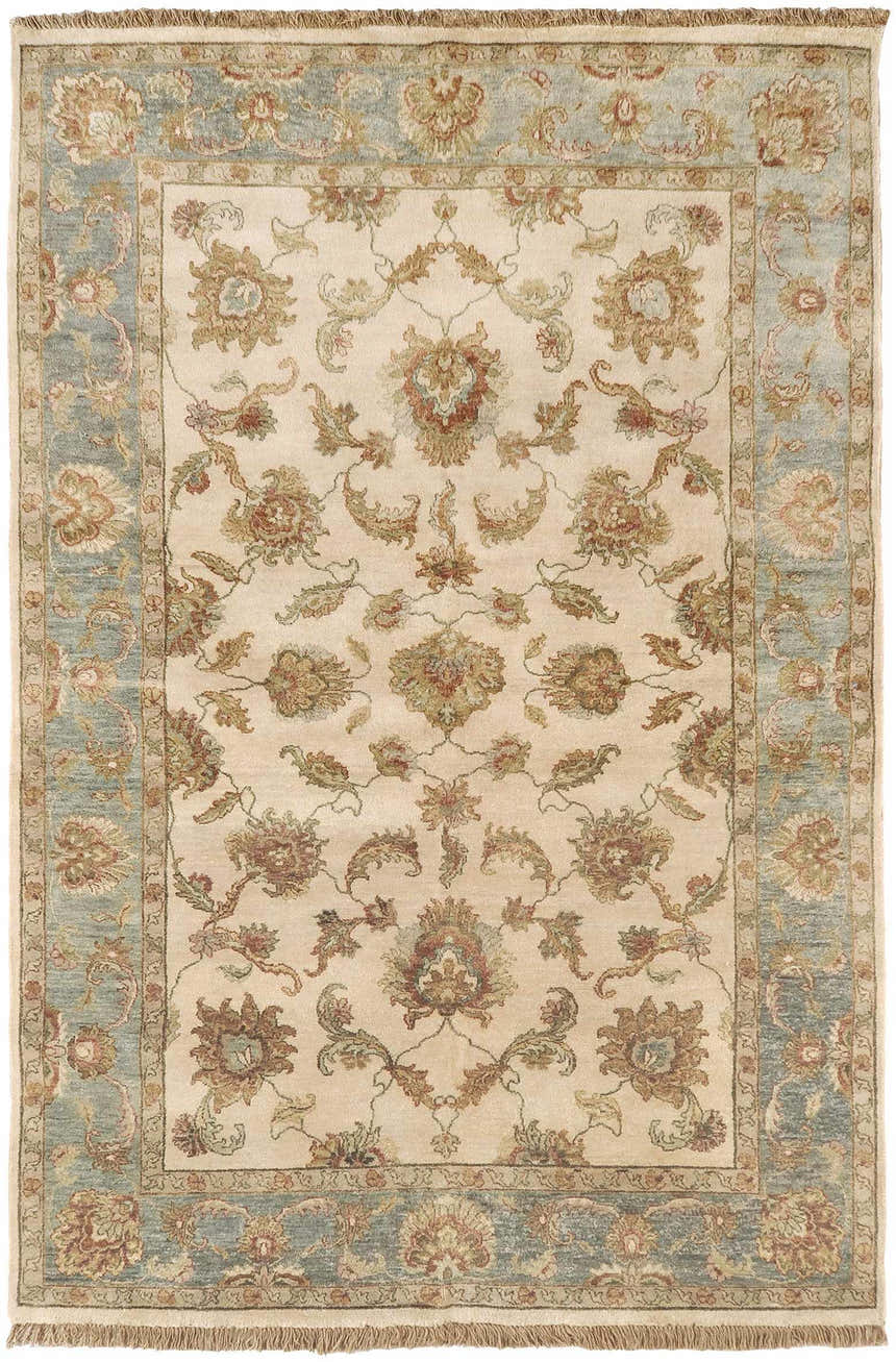 Hand-knotted Dahlonega Area Carpet in beige, light sage, and brown floral design. Traditional style rug. Design-Rectangle-5686
