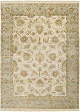 Close-up of the Dahlonega Area Carpet. Hand-knotted wool rug with beige, light sage, and seafoam floral pattern. Design-Rectangle-811
