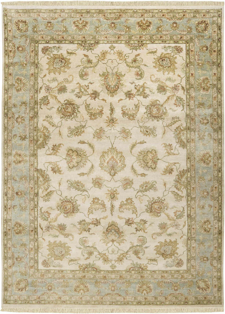 Close-up of the Dahlonega Area Carpet. Hand-knotted wool rug with beige, light sage, and seafoam floral pattern. Design-Rectangle-811
