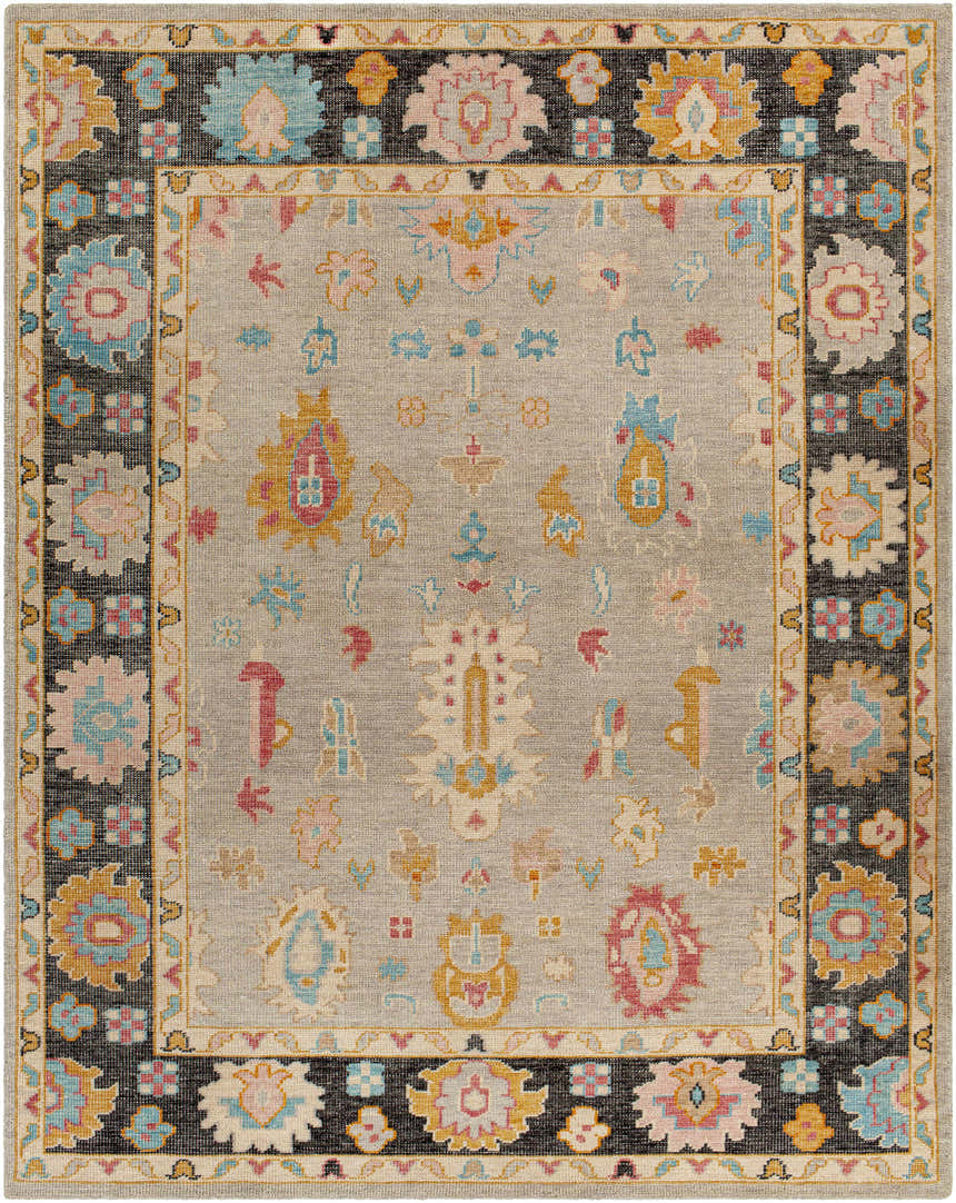 Hand knotted Dalupaon Area Rug featuring a traditional floral design in black, beige, blue, pink, and mustard tones. Design-Rectangle-810