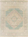 Close-up of the hand-knotted Danao Premium Rug. Cream, dusty pink, ice blue, and light gray oriental rug with traditional design. Design-Rectangle-810