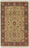 Close-up of the Danboro Premium Wool Carpet. Features a brick red border and mustard floral pattern on a tan background. Design-Rectangle-5686
