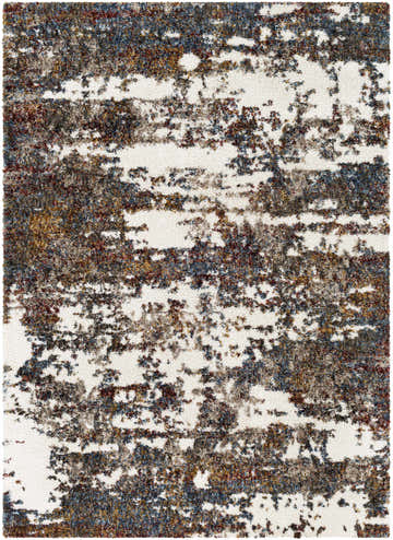 Close-up of the Darenth Area Rug showing its shag texture and abstract pattern in cream, burgundy, navy, and mustard tones. Design-Rectangle-537