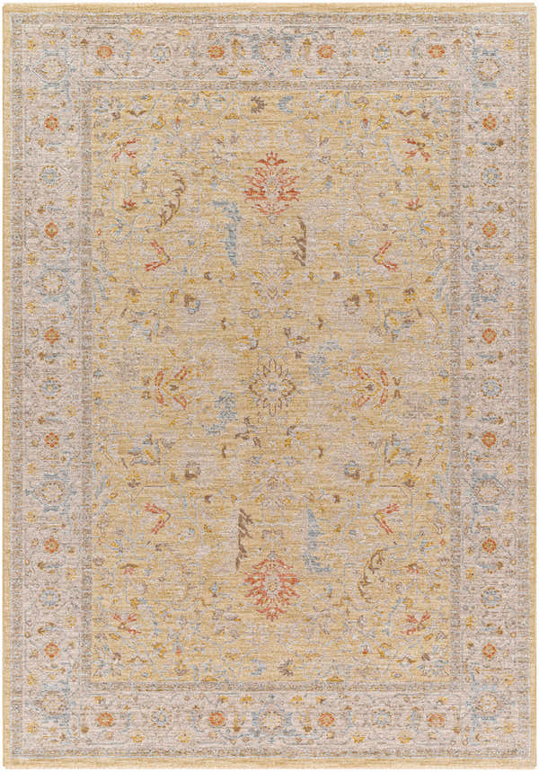 Close-up of the Dario Thick Luxe Area Rug. Amber, dusty pink, and blue floral traditional design. Design-Rectangle