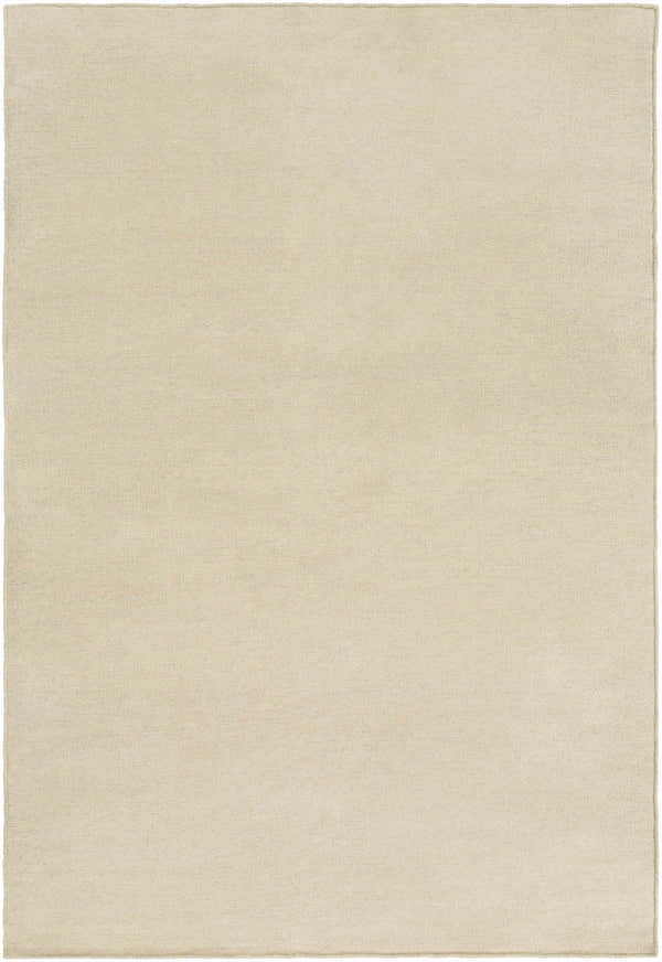 Close-up of the hand woven Beige Keyapaha Area Rug. The rug has a subtle oatmeal color and a soft, textured wool pile. Design-Rectangle-576