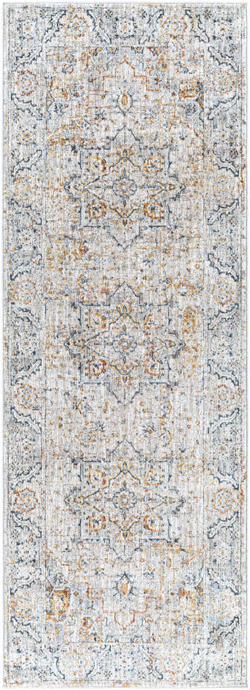 Close-up of the Darvel Luxe Rug featuring a traditional Persian-style pattern in cream, gray, and mustard tones. Design-Runner-2773