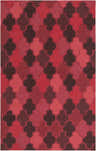 Close-up of the hand-woven Datil Area Carpet. Features a contemporary quatrefoil pattern in burgundy, mauve, pink, and red wool. Design-Rectangle-58