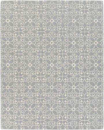Close-up of the Davie Area Rug. Hand-tufted wool rug in slate blue with an ivory geometric floral pattern. Design-Rectangle-810