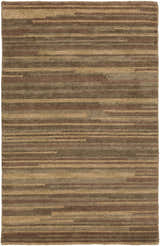Close-up of the hand-knotted Dawlish Area Rug. Features dark red, medium brown, and tan horizontal stripes. 100% wool texture. Design-Rectangle-23