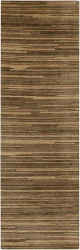 Close-up of the Dawlish Area Rug. Hand-knotted 100% wool rug in dark red, medium brown, and tan horizontal stripes. Design-Runner-268