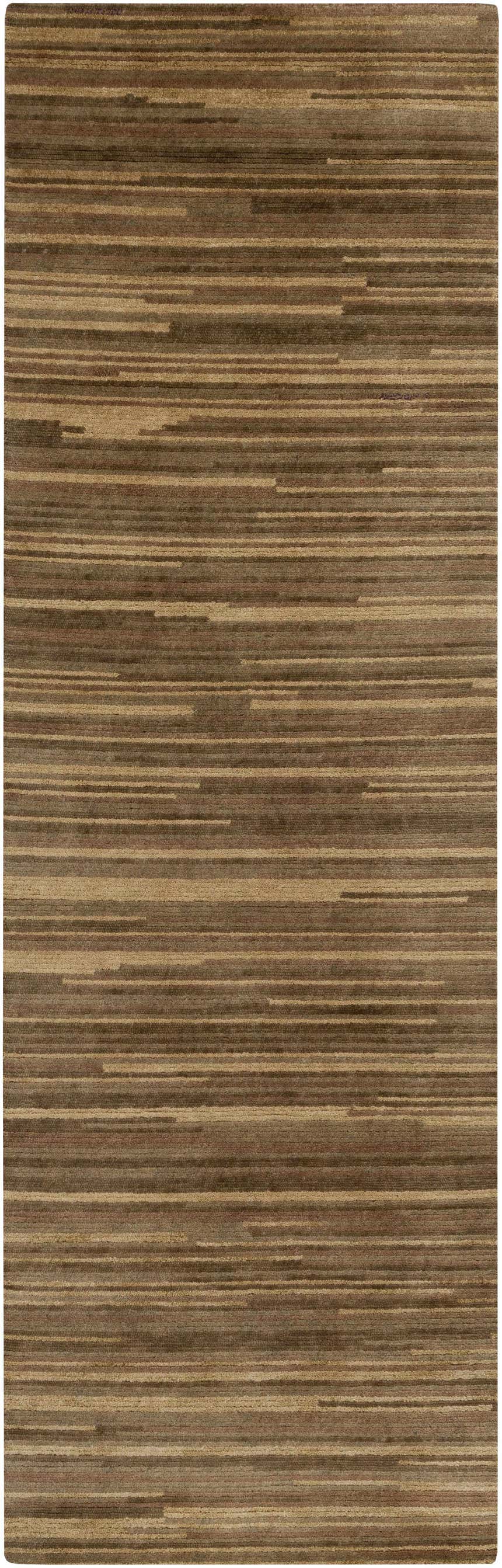 Close-up of the Dawlish Area Rug. Hand-knotted 100% wool rug in dark red, medium brown, and tan horizontal stripes. Design-Runner-268