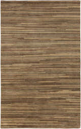 Close-up of the hand-knotted Dawlish Area Rug. Tan, medium brown, and dark red wool stripes create a modern, textured pattern. Design-Rectangle-58