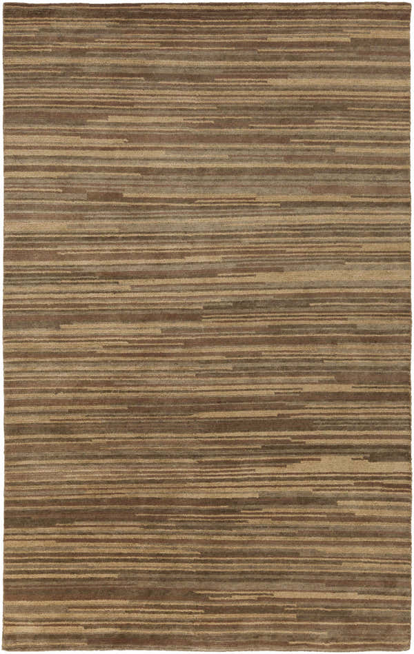 Close-up of the hand-knotted Dawlish Area Rug. Tan, medium brown, and dark red wool stripes create a modern, textured pattern. Design-Rectangle-58