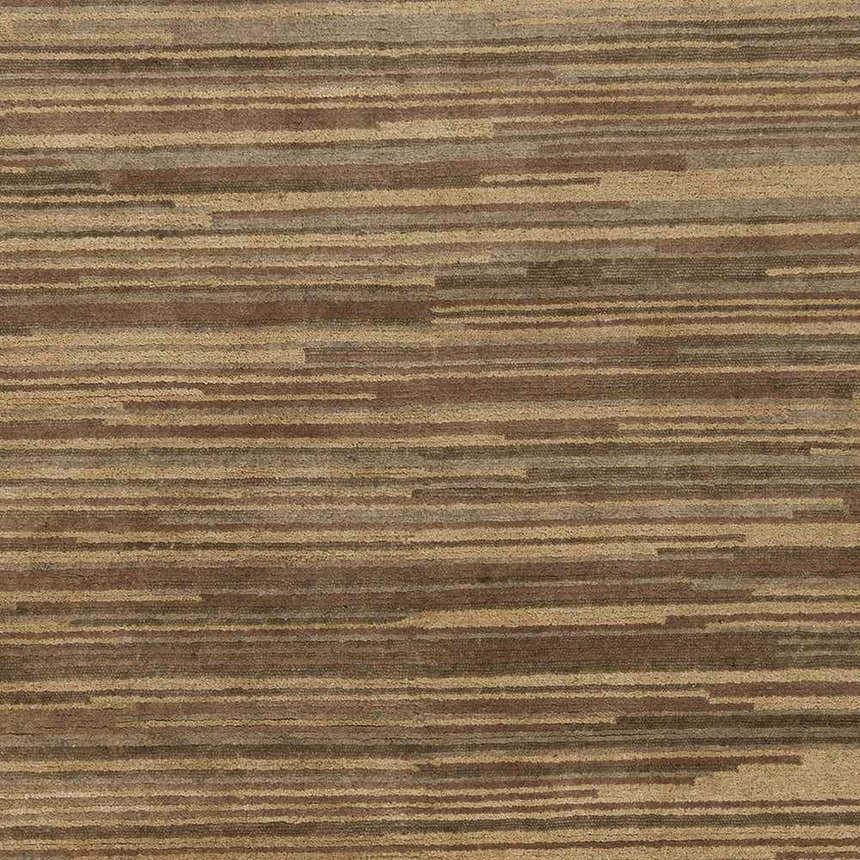 Close-up of the Dawlish Area Rug with a linear pattern in dark red, medium brown, and tan wool. Swatch