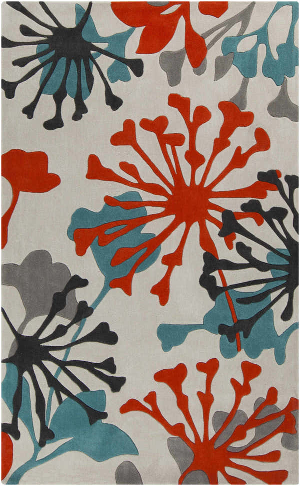 Close-up of the Dickens Colorful Blooming Rug, featuring a bold floral pattern in red, teal, black, and charcoal on an off-white background. Design-Rectangle-58