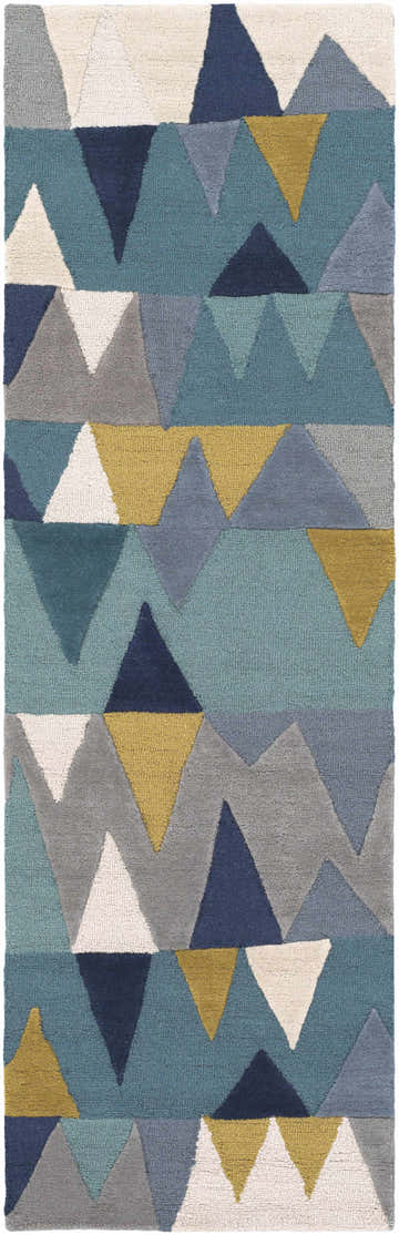 Close-up of the Deatsville Wool Area Rug. Features a geometric triangle pattern in blue, gray, navy, tan, and teal hues. Design-Runner-268