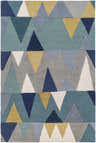Close-up of the Deatsville Wool Area Rug. Features a geometric triangle pattern in blue, gray, navy, tan, and teal. Design-Rectangle-576