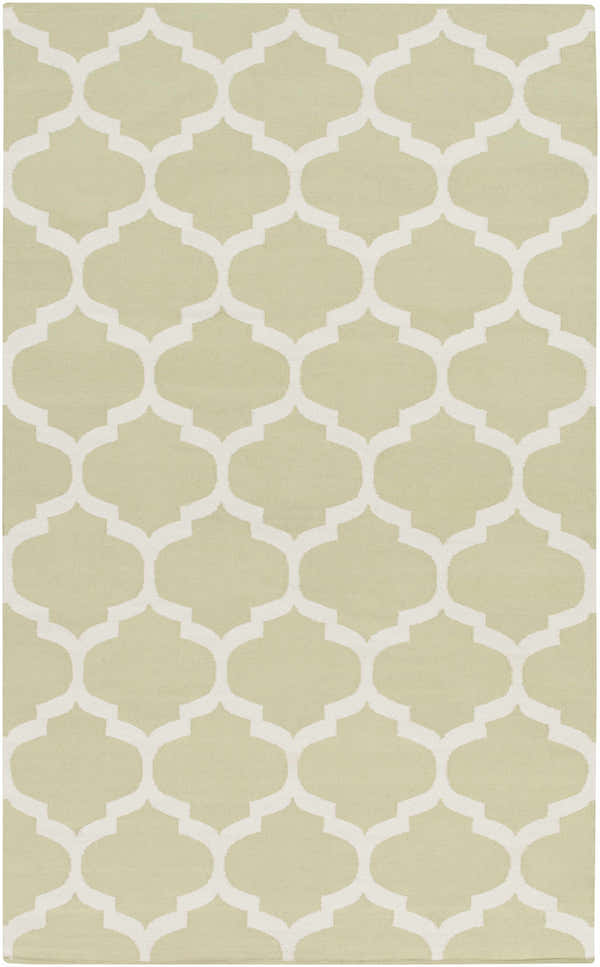 Close-up of the Dearborn Area Carpet Area Rug, a hand-woven cotton rug with a cream and light green trellis pattern. Design-Rectangle-58