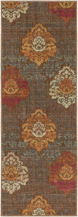 Close-up of the Declo Area Rug showing a contemporary floral pattern in burgundy, orange, brown, peach, and sage. Design-Runner-2773