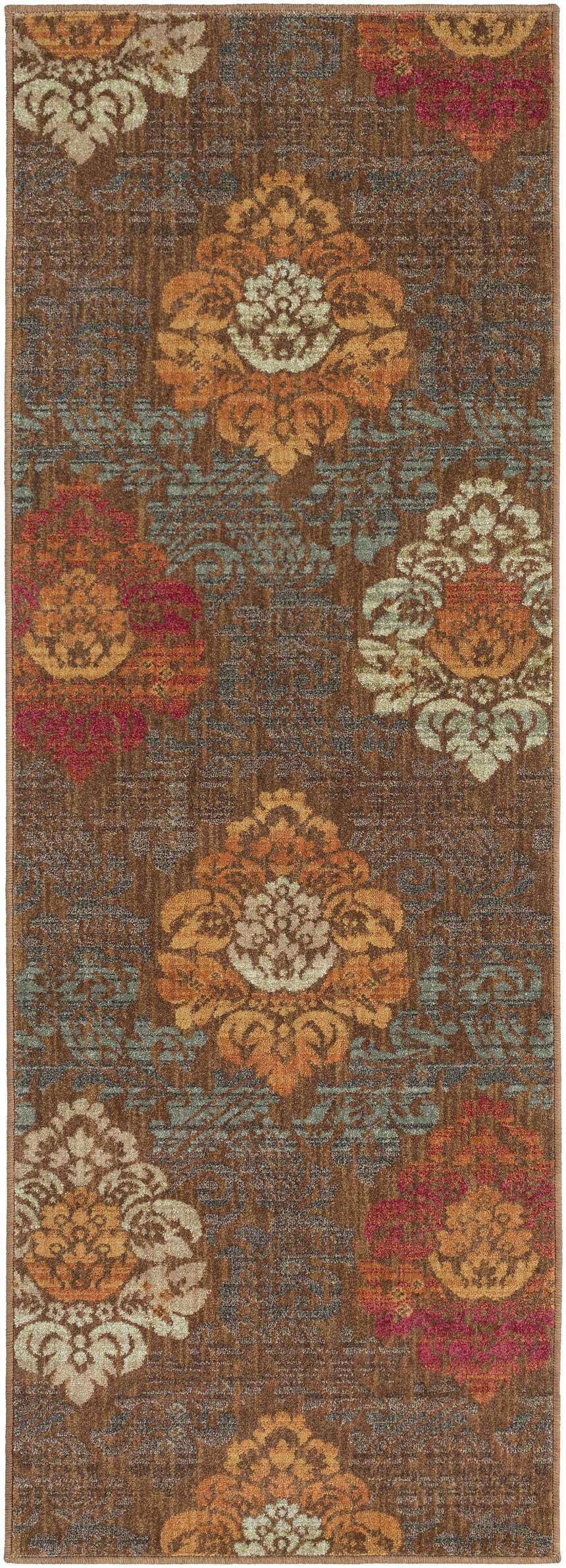 Close-up of the Declo Area Rug showing a contemporary floral pattern in burgundy, orange, brown, peach, and sage. Design-Runner-2773