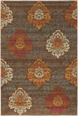 Close-up of the Declo Area Rug. The rug has a brown background with burgundy, orange, and sage floral patterns. Design-Rectangle-5373