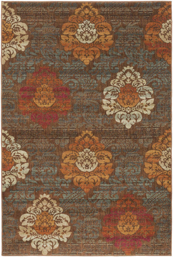 Close-up of the Declo Area Rug. The rug has a brown background with burgundy, orange, and sage floral patterns. Design-Rectangle-5373