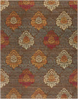 Close-up of the Declo Area Rug. Contemporary floral pattern in burgundy, orange, brown, peach, and sage on a brown background. Design-Rectangle-710910